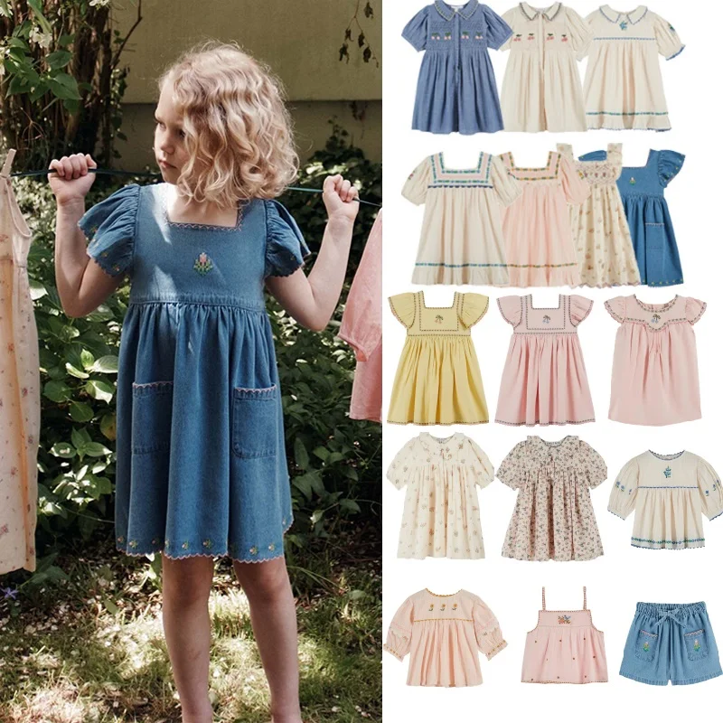 

Детское джинсовое платье для девочек, лето 2026, новинка, с принтом, модное, хлопковое, с рюшами, милое, нарядное, для принцесс, детская одежда