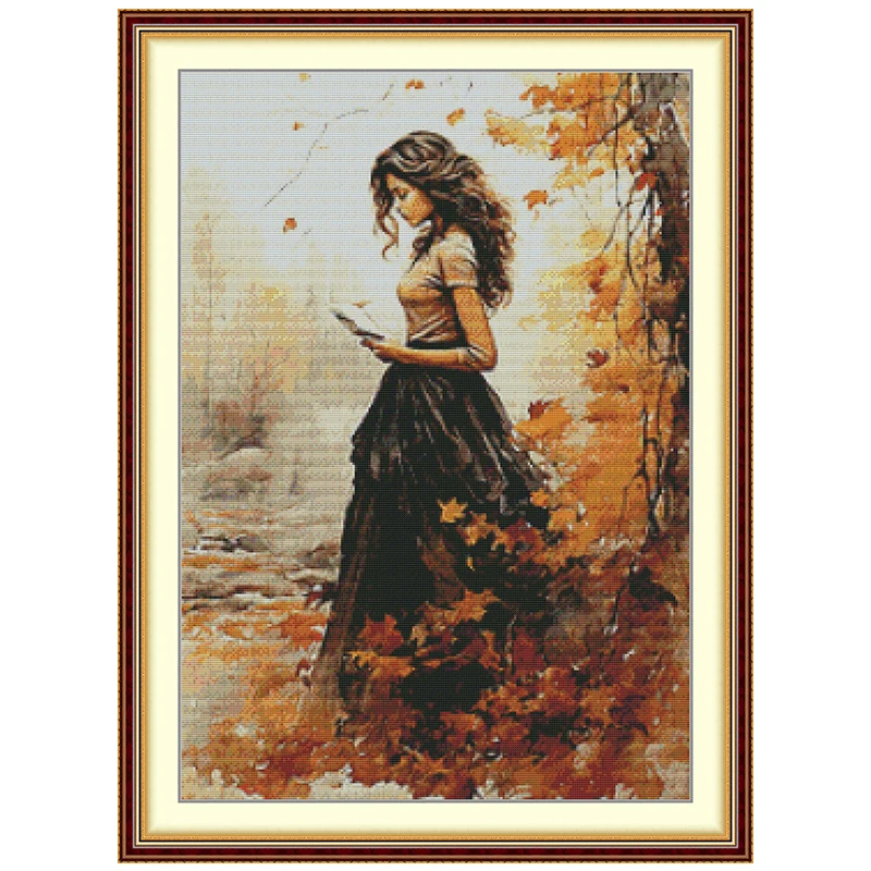 A Girl Reading in Autumn Patterns Counted Cross Stitch Set 11CT 14CT 16CT HD Stamped DMC Cross-stitch Kit Embroidery Needlework