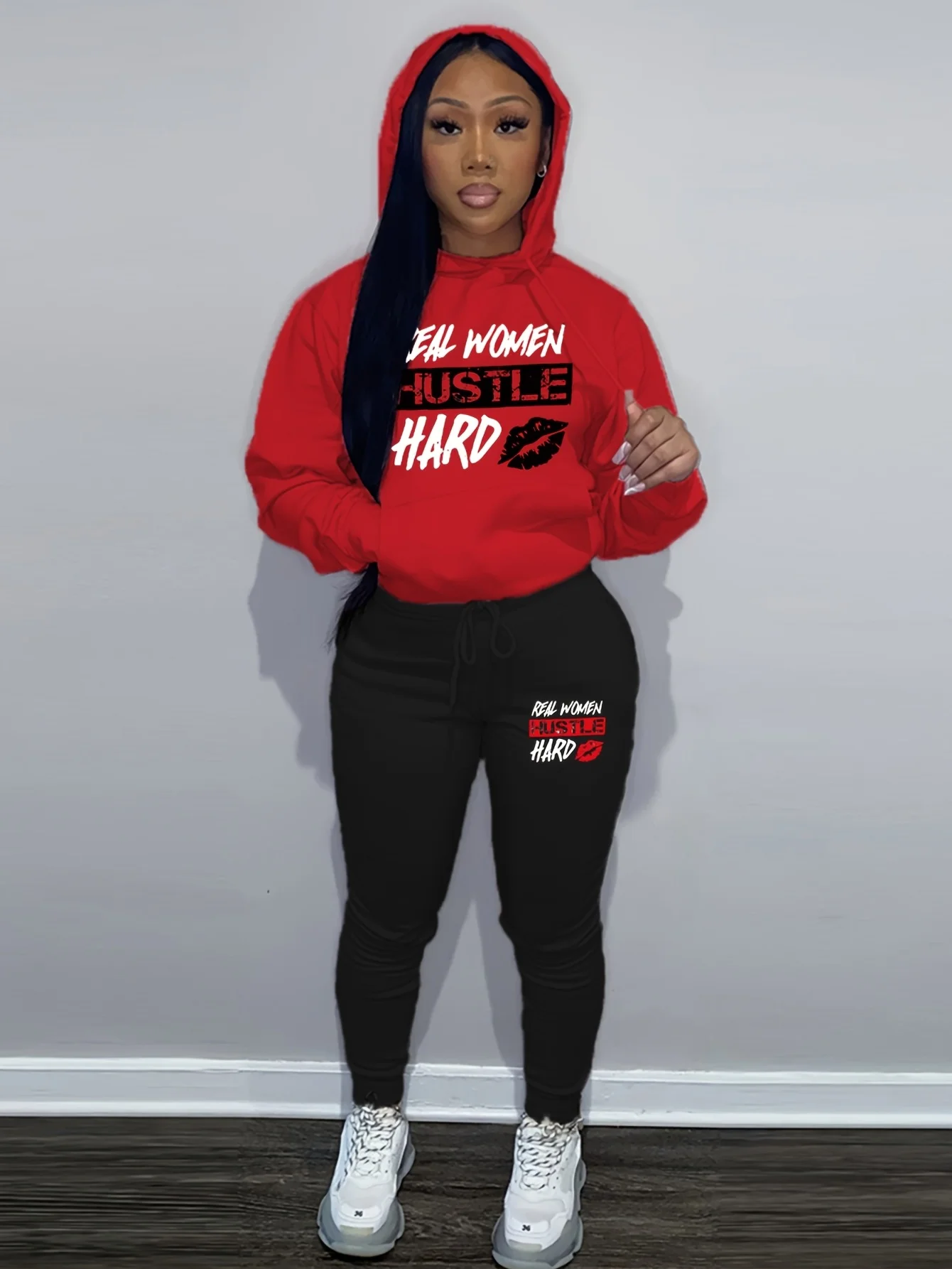المرأة مقنعين البلوز + Sweatpants مجموعة الهيب هوب عادية الشفاه طباعة إلكتروني طباعة ملابس رياضية فضفاضة الخريف الصوف الملابس الدافئة