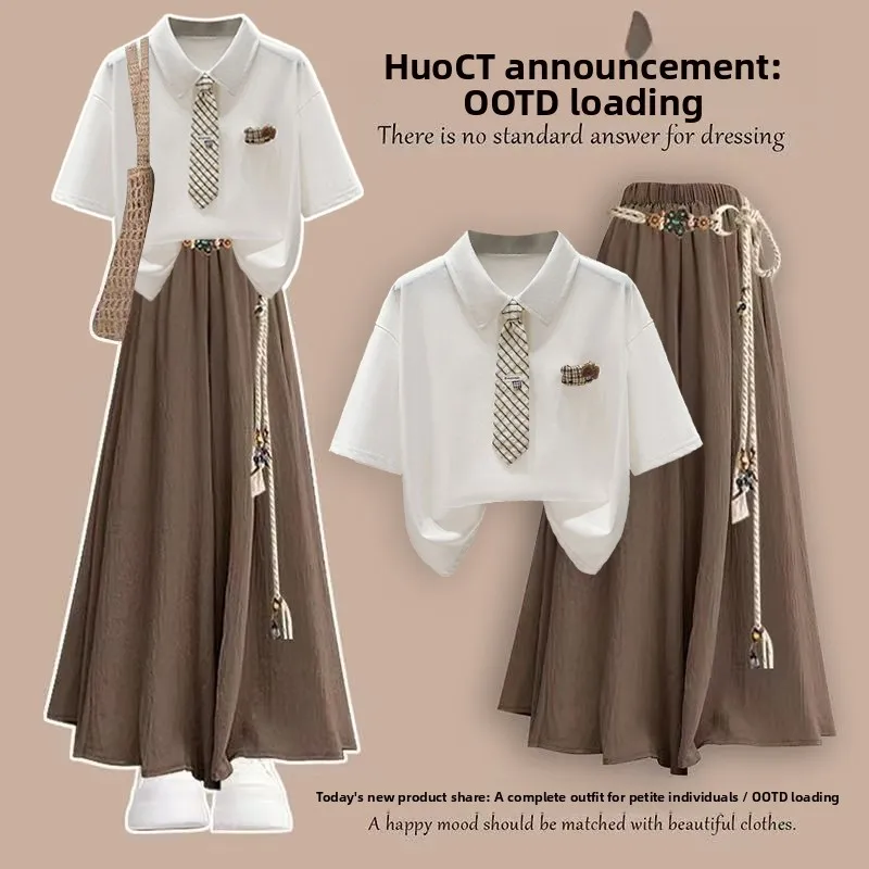 

College Style Fashionable Two-Piece Set Short Sleeve Skirt Pants for Teenage Girls Summer Clothing Breathable Cotton Polyester