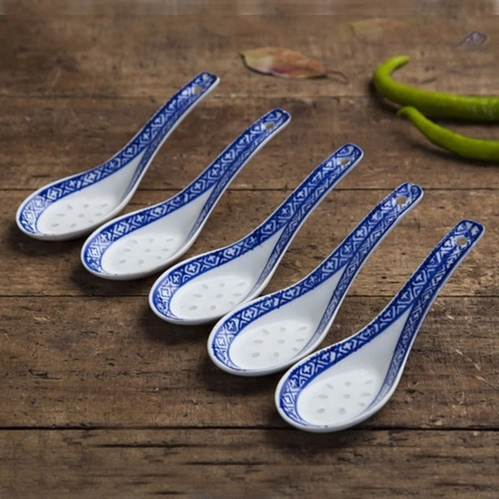 5pcs Convenient Ceramic Spoon Multi-Function Chinese Style Scoop Porridge Spoon Tableware Soup Spoon For Home Restaurant