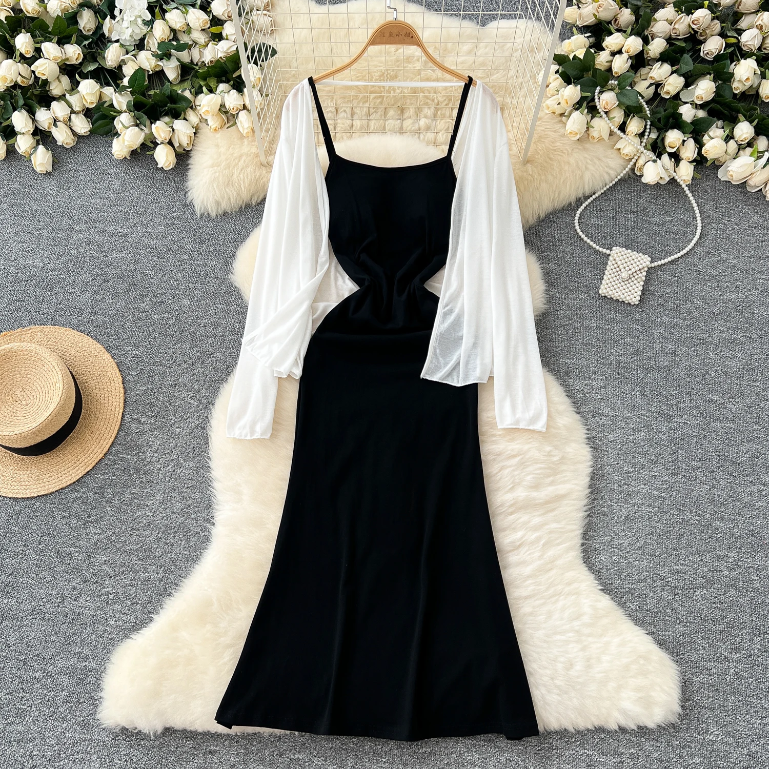 Women Two-Piece Sets Vintage Long Sleeve Open Stitch Top High Waist Straps Dresses Korean Streetwear High Street Autumn Clothing