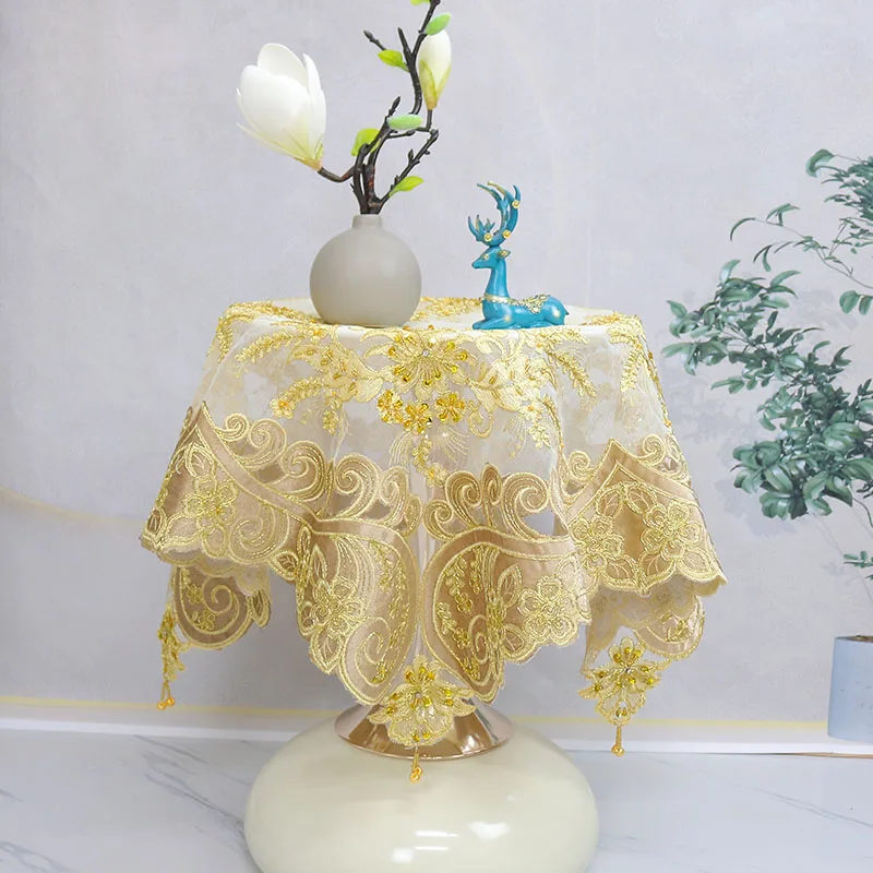 

Popular mesh gold bead flower Embroidery table cloth cover wedding tablecloth kitchen Christmas Table decoration and accessories