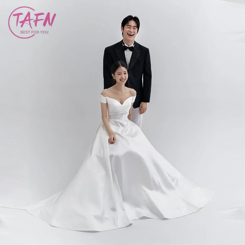 

TAFN Korea Simple Wedding Reception Dresses Off the Shoulder A-line Floor-Length Bridal Gown Elegant Photo Shoot Dress