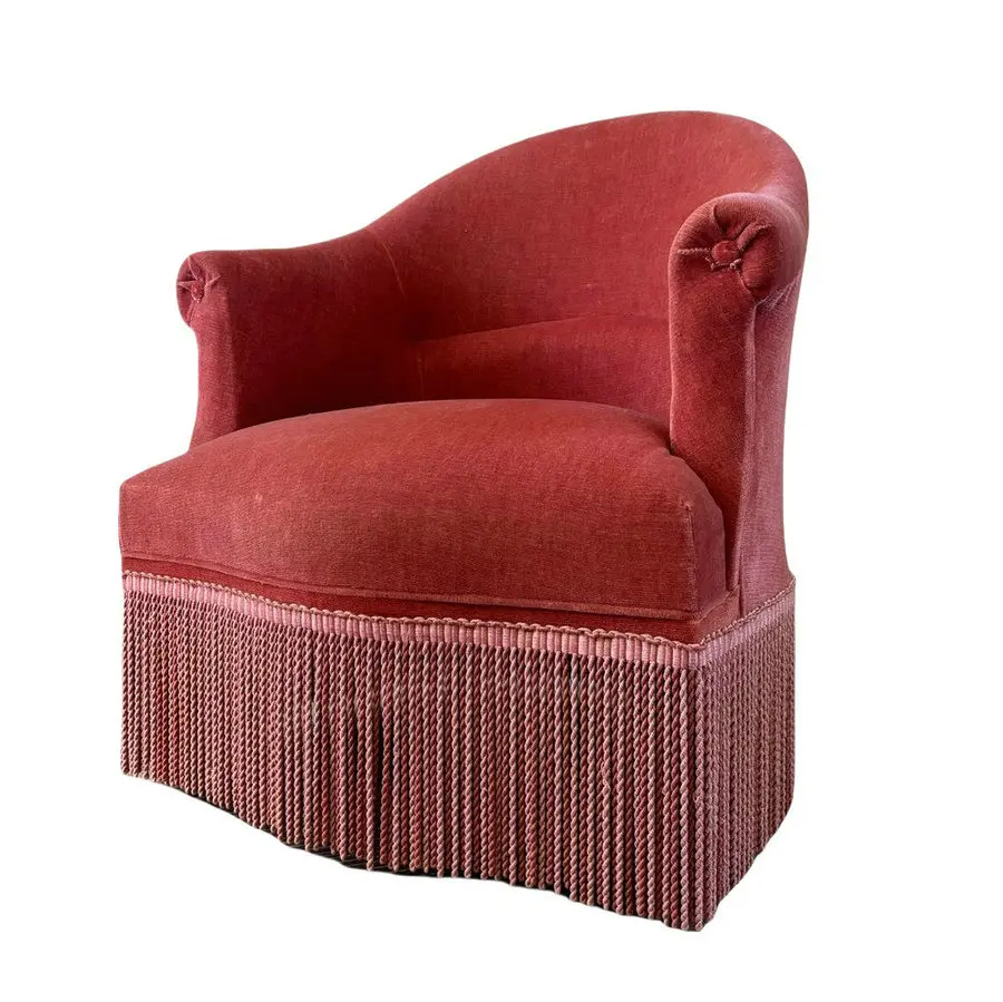 #French Style LivingRoom Vintage Pink Fringed Velvet Toad Armchair Hotel Comfortable Wooden Curved Single Sofa Chair for Bedroom