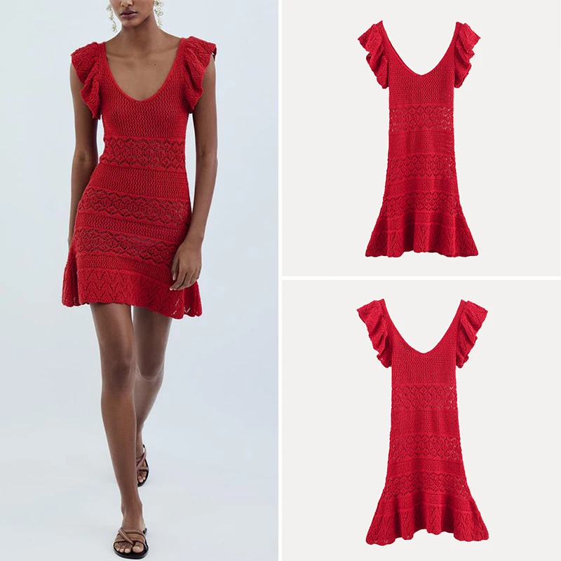  vestido de malha f de verão texturizado em camadas decoração cintura alta saia psada manga curta decote em v c...