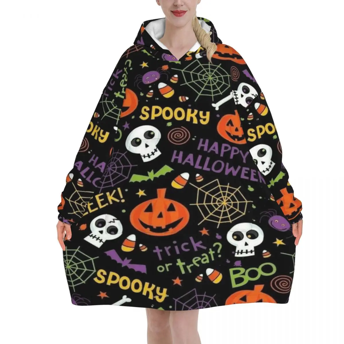 Oversized Halloween Ghost Pumpkin Spooky Trick Or Treat Witch Wearable Blanket  Ultrasoft Plush Warm Sweatshirt Blankets