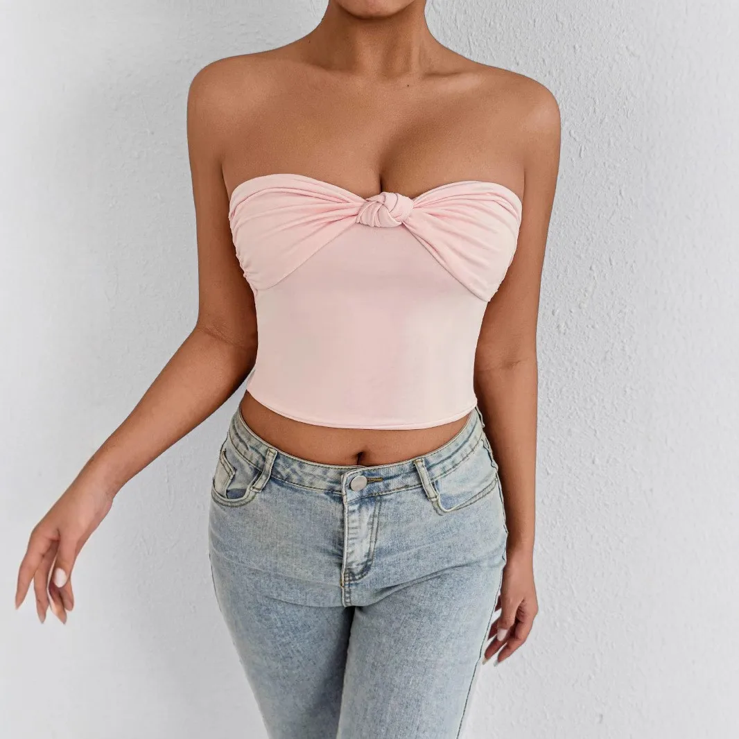 Sexy Off Shoulder Twist Together Wrap Chest Tank Top Women Backless Bare Midriff Halter Crop Tops Female Tube Top Cropped Vest