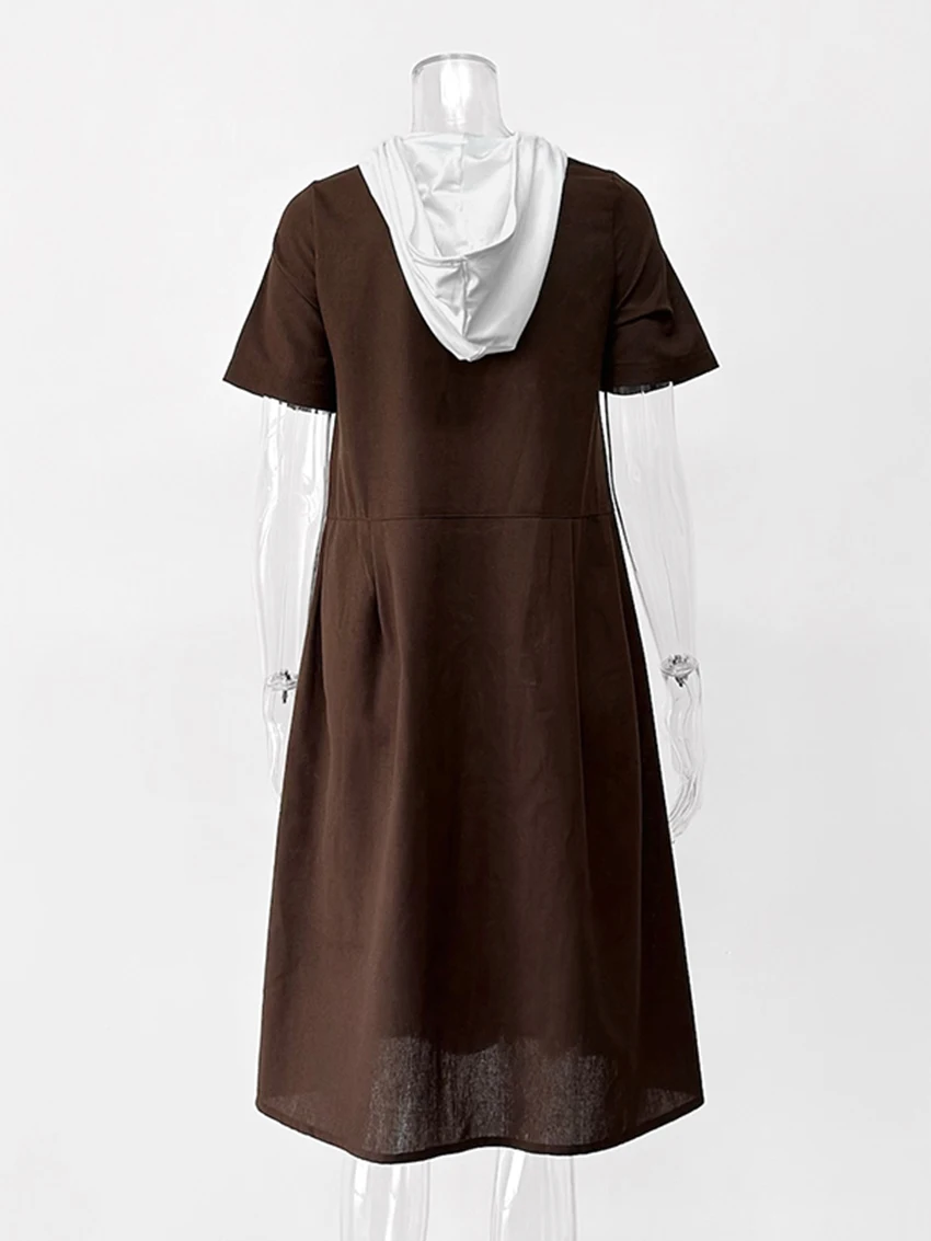 Parc Fee – robe mi-longue décontractée, ample, marron, à capuche, manches courtes, élégante, classique, Patchwork, à la mode, 2025