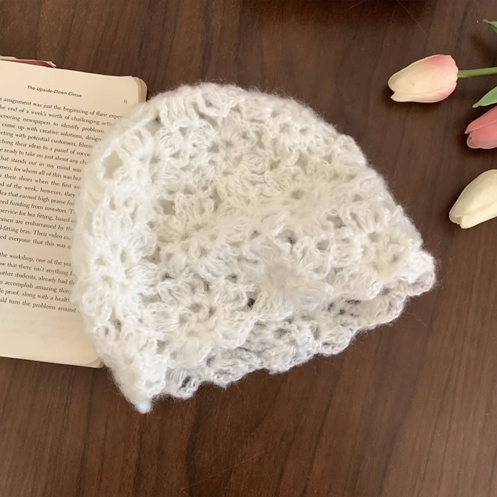 الحلو بلون زهرة كروشيه قبعة اليدوية الجوف بلوفر مغزول قبعة نسج قصيرة الحواف بيني قبعة السيدات #4
