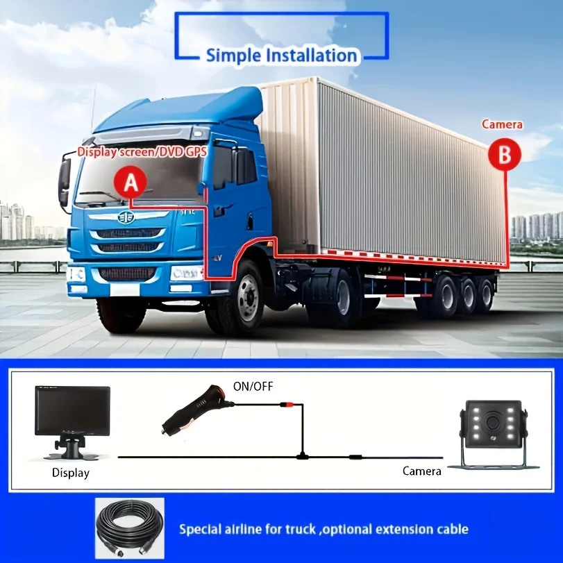 كاميرا الرؤية الخلفية 7 بوصة سلكية شديدة التحمل CCD 8 LED مع كابل 4PIN 590.55 بوصة وظيفة احتياطية عكسية #3