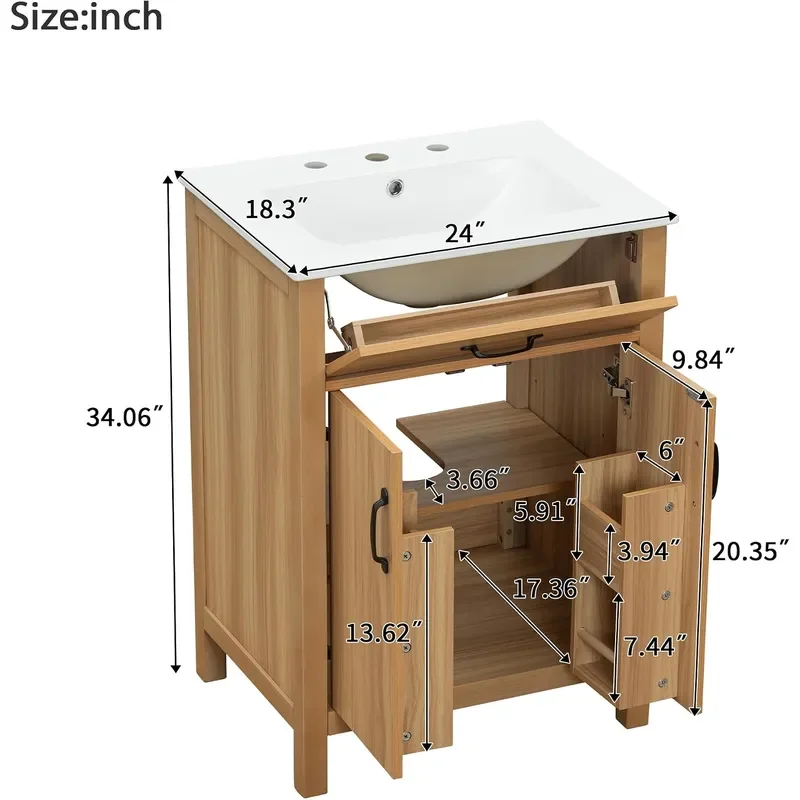 24 inch Natural Bathroom Vanity with Ceramic Basin and Countertop Solid Wood Frame Bathroom Cabinet with Flip Drawer