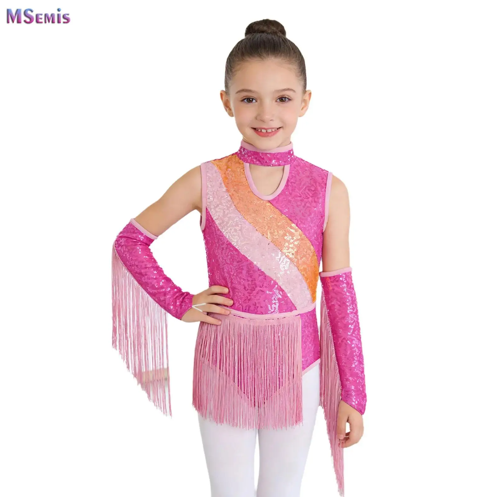 Kids Girls Sequins Latin Cha-cha Waltz Dance Performance Tassel Leotards with Finger Holes Gloves Ballet Dance Samba Dancewear