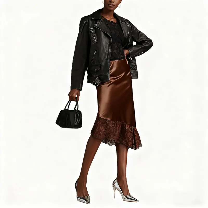 

Combhasaki Womens Satin Silk Asymmetric Floral Lace Hem Patchwork Midi Skirt Elegant Solid Color Y2k Loose Fit Knee Length Skirt