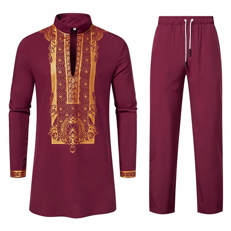 Men\'s Ethnic Style Robe Luxury Hot Gold Printing Sets Long Sleeve + Pants Two-piece Suit Men\'s Traditional Clothing Men\'s Sets