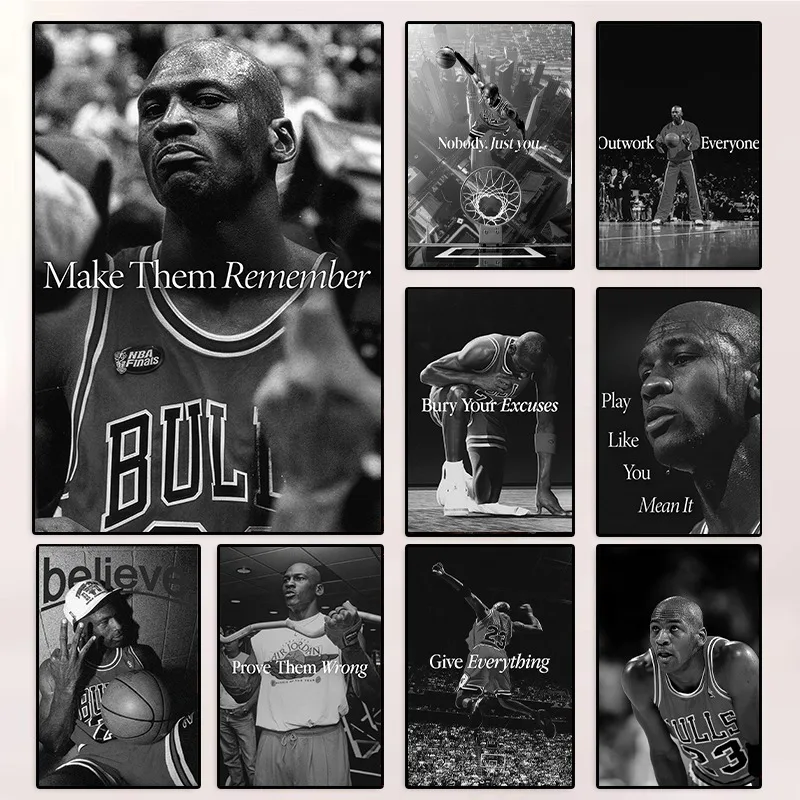 Black and White Basketball Player Michael Jordan Portrait Poster Sports Motivation Quote Canvas Painting Wall Art Gym Home Decor