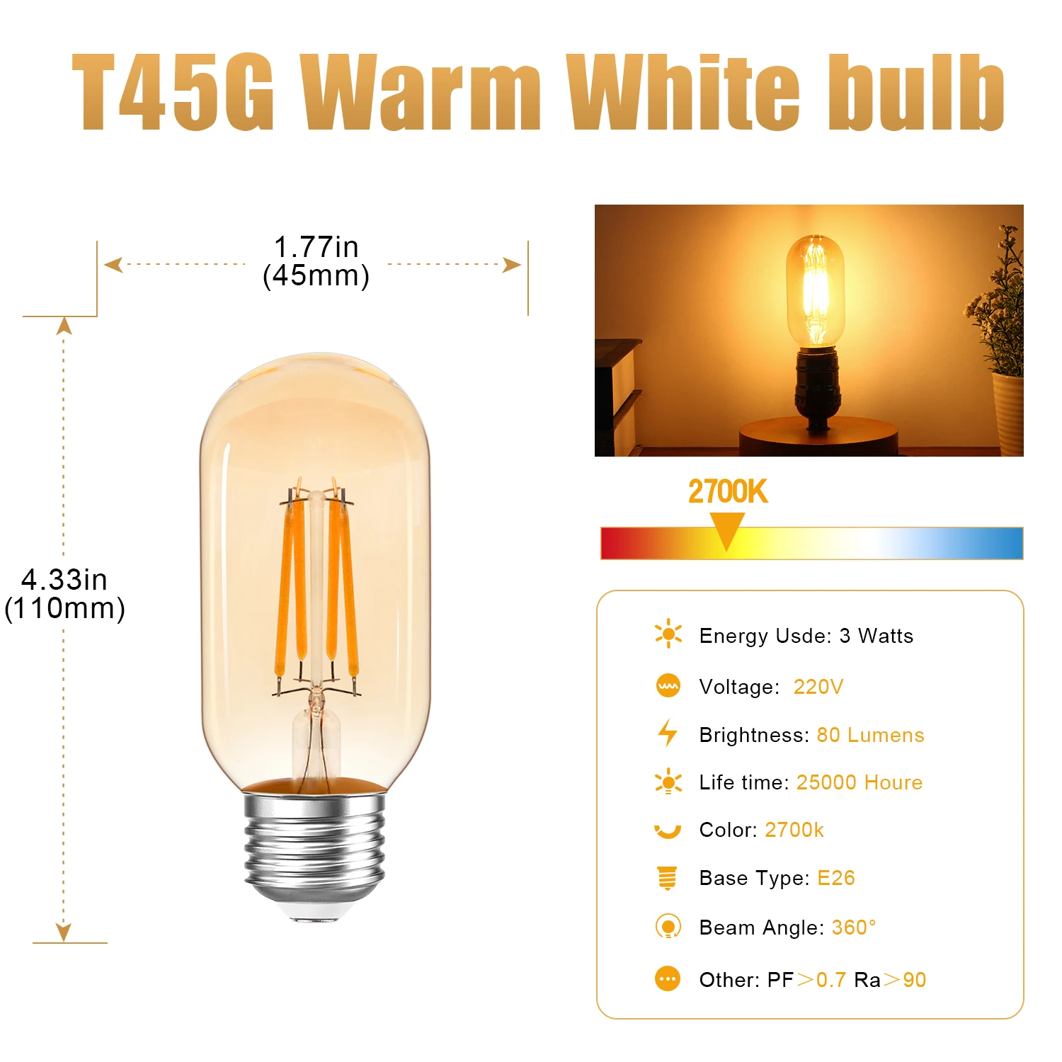 Imagem -02 - Edison Lâmpadas Led Vintage T45 E27 Substituição Retro Vintage Ampola Incandescente 4w Lâmpadas de Filamento Tubular Luz Decorativa Pcs