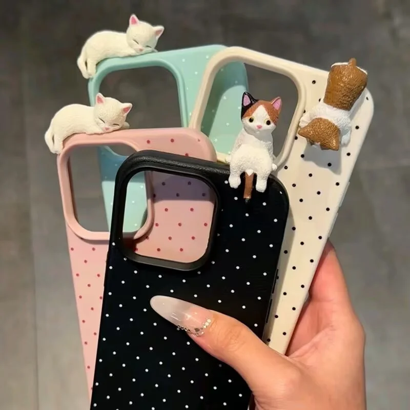 Koreanische Niedliche Polka-Dot-Muster Handyhülle für iPhone 18 17 16 15 14 13 12 11 Pro Max Plus X Süße 3D Cartoon-Katze Stoßfeste Hülle – Detail 3