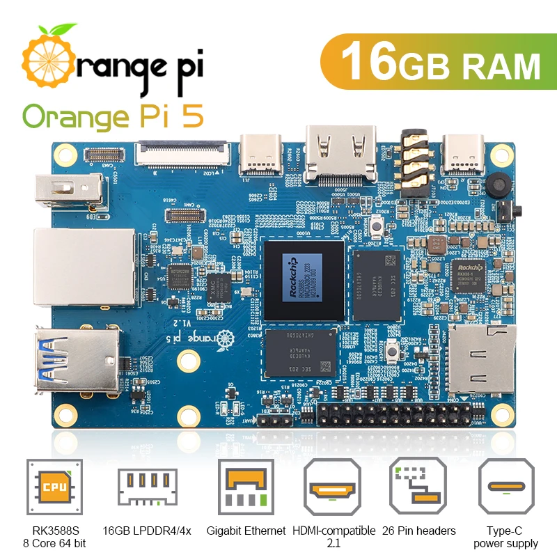 Компьютер Rockchip RK3588S Orange Pi 5, ОЗУ 16 ГБ, стандартная внешняя поддержка Wi-Fi, BT, Gigabit Ethernet, работает на ОС Android Debian