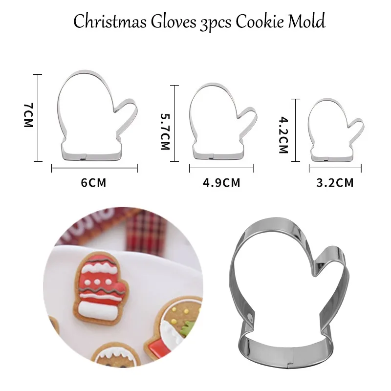 3pcs/set 3D Christmas Gloves Cookie Cutter Stainless Steel Fondant Biscuit Embossing Mold Cake Baking Accessories Kitchen Tools