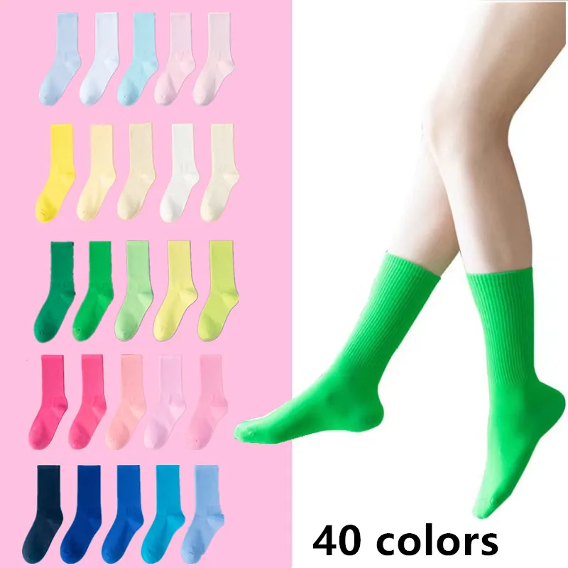 Calcetines deportivos de algodón suave para mujer, medias transpirables de diseño, Color sólido, negro, blanco y rosa, 40 colores