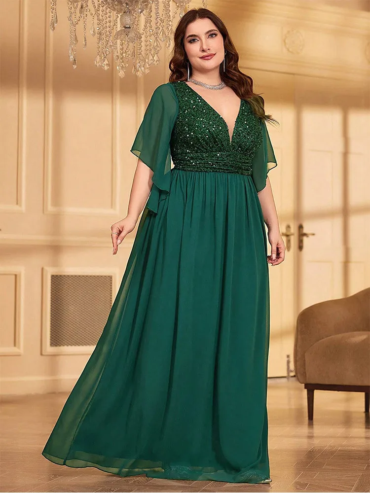 2026 Sommer Neues Modisches V-Ausschnitt Pailletten-Chiffon Figurbetontes Langes Bankett-Kleid für Damen – Detail 5