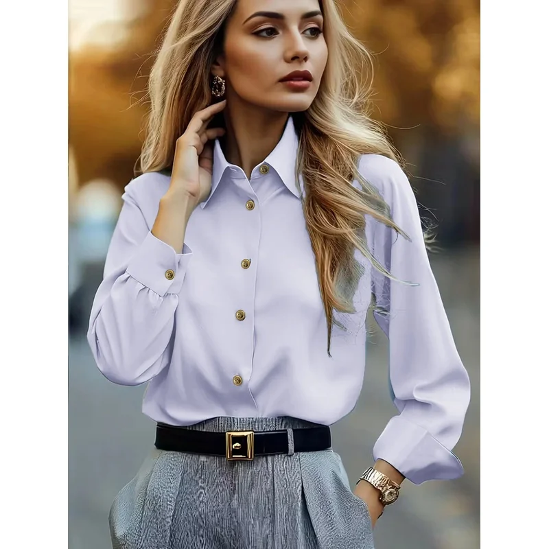 Women's Light Purple Button Down Shirt Long Sleeve Turn Down Collar Gold Button Detail Office Work Blouse