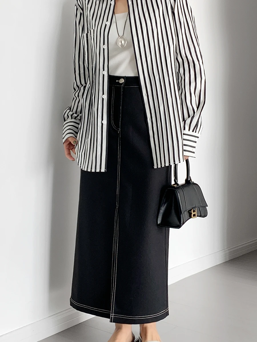 

LUTONG Retro f-length Skirt with Slit One-step Color Blo Pred Line High Waist Midi Skirt for Women Commute Sle