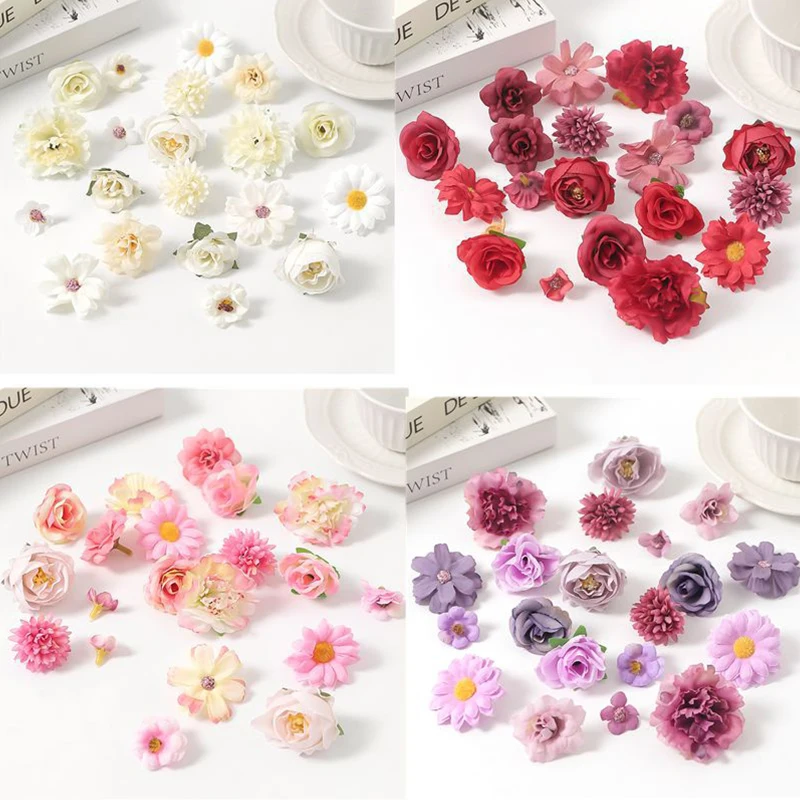 

20Pcs Mini Pink Silk Rose Artificial Daisies Flower Heads for Craft Wreath Wedding Party DIY Home Room Decoration Fake Flowers