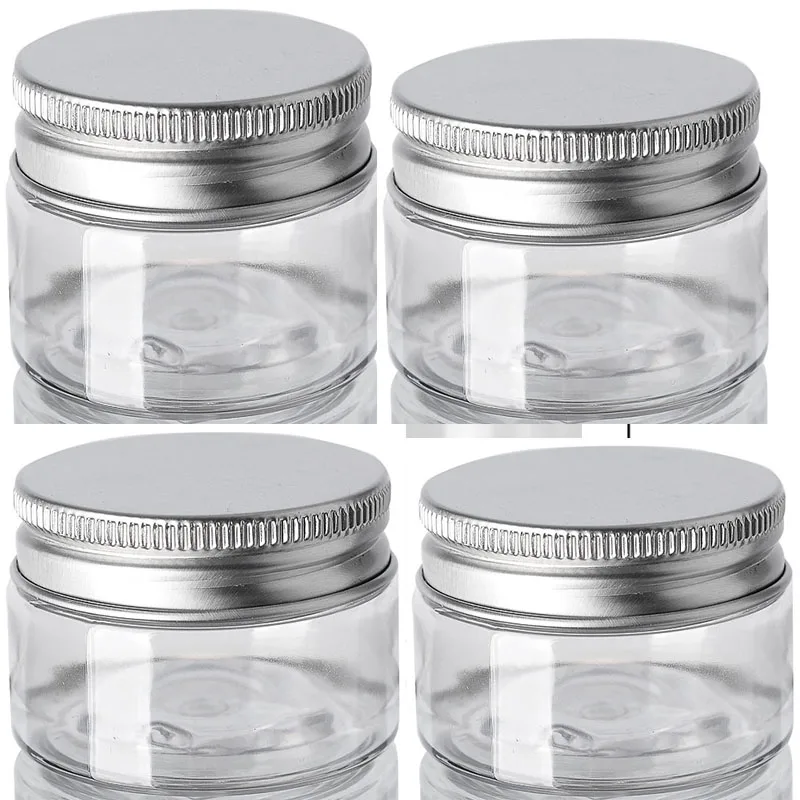 

50pcs Clear Plastic Jar And Aluminum Lids Empty Cosmetic Containers Makeup Travel Bottle 30ml 50ml 60ml 80ml 100ml 120ml 150ml