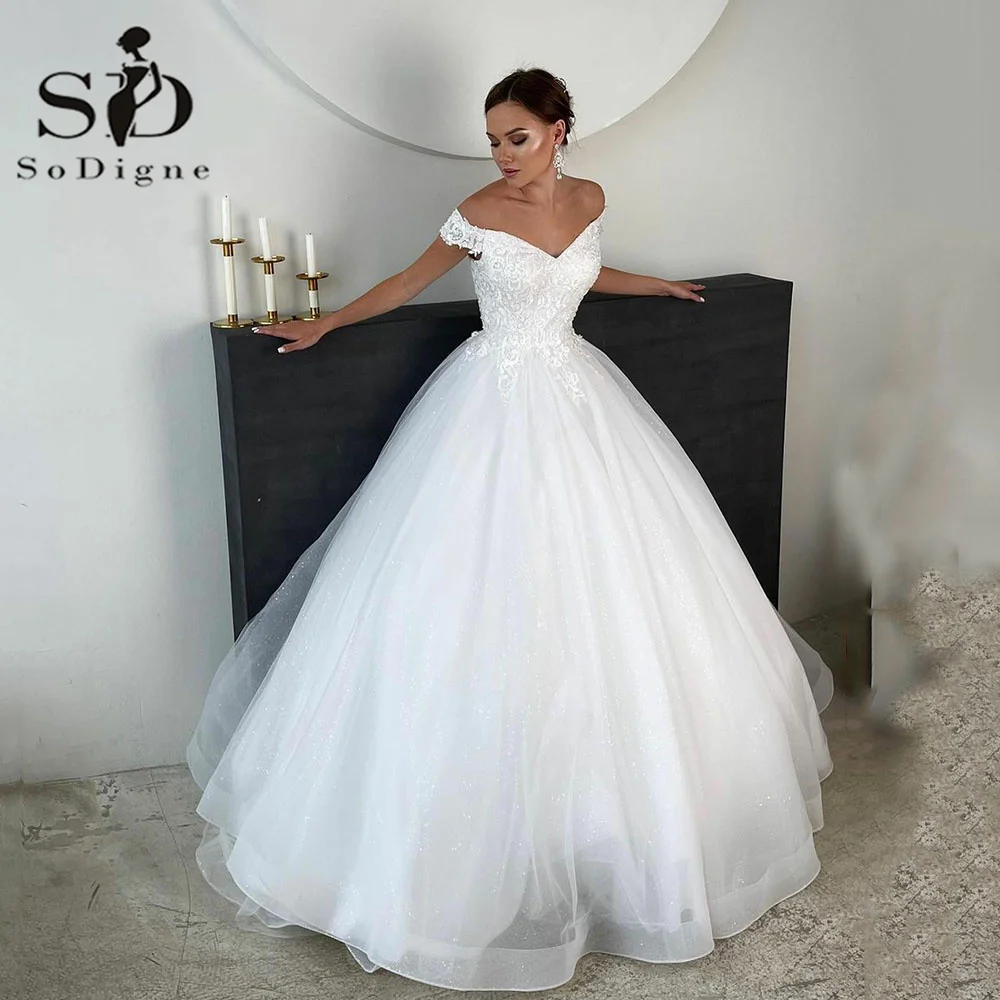 SoDigne Princess Wedding Dresses Off Shoulder Bridal Gowns A-Line Lace Appliques Glitter Tulle Bride Dress 2022 High Quality