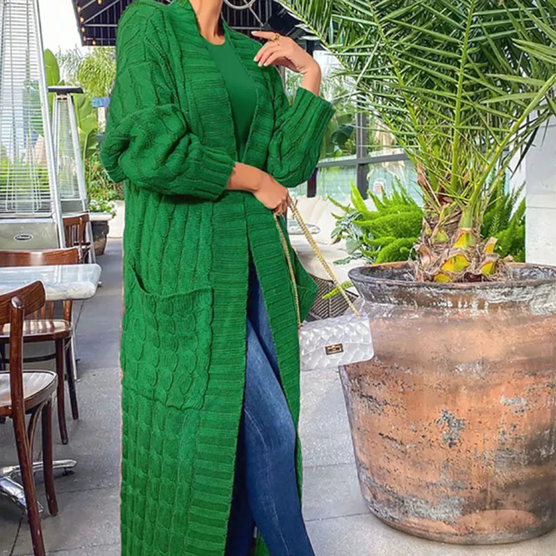 Kintted Cardigan Women Long Jacket Autumn Spring Green Crochet Loose Long Sleeve Winter Sweater 2023 Warm Jumper Coat Cardigans