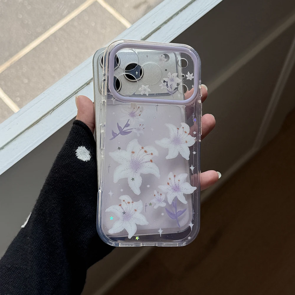 Frühlingshafte, glitzernde Lilien-Blumen-Handyhülle: Stoßfeste, funkelnde Schutzhülle für iPhone 17 Pro Max, 16, 15 Pro Max – Glitzernde, transparente Abdeckung – Detail 4