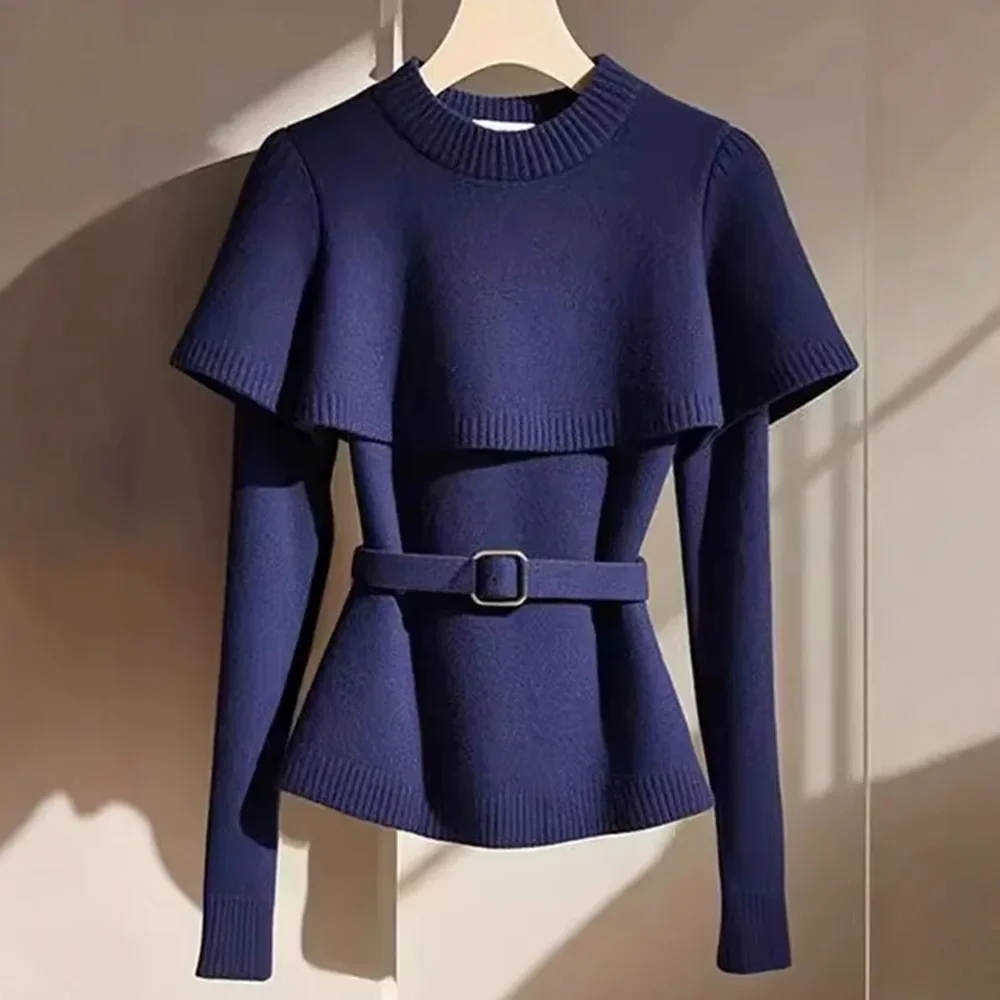 Blue Mantle Socialite Style Idle Knit Sweater Autumn New Design Sensibility Niche Chic Top For Women Crew Neck Fashion Outerwear