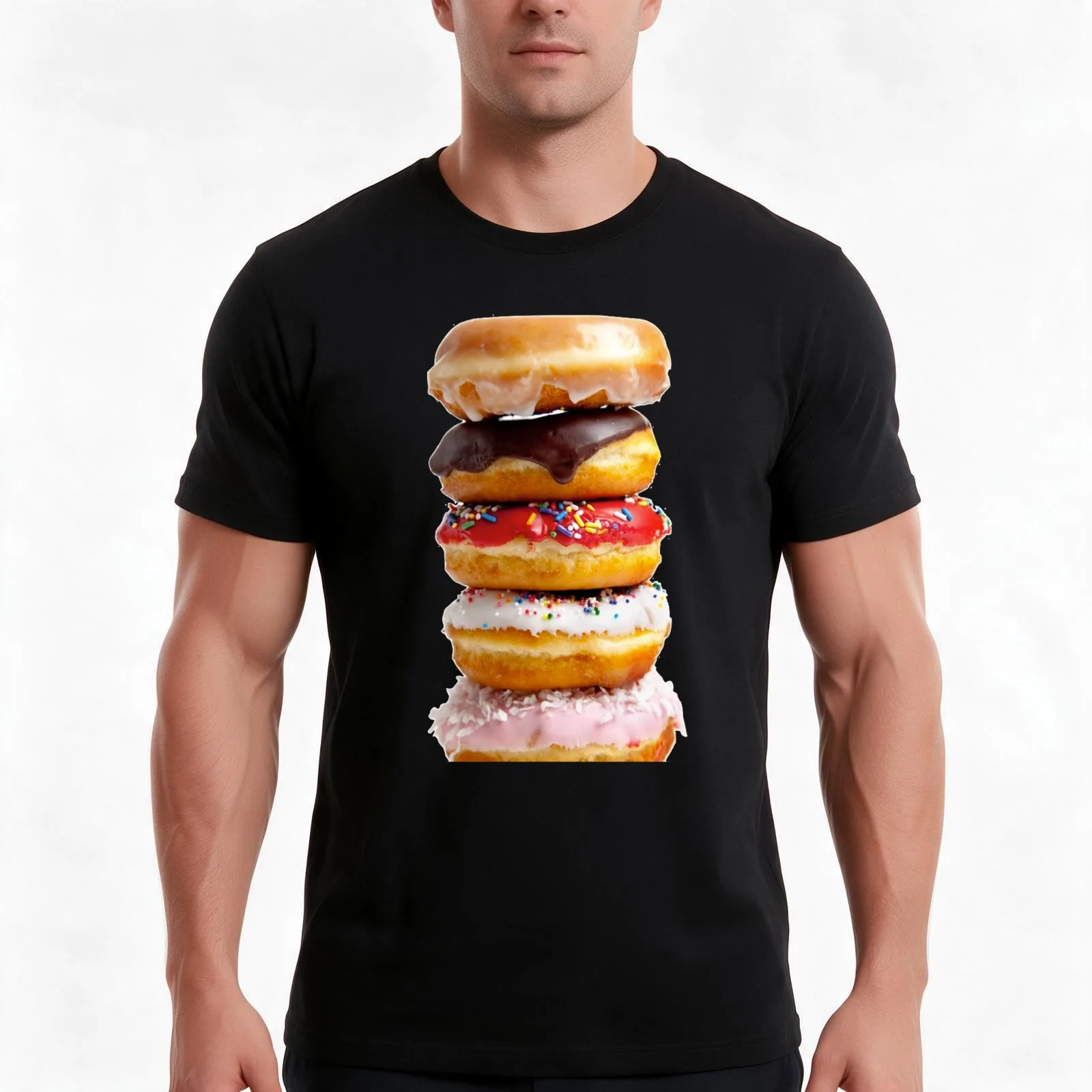 DONUT STACK T-Shirt, Summer Casual Cotton Tee, Oversized Streetwear Tops, Vintage Graphic Print, Loose Fit Short Sleeve