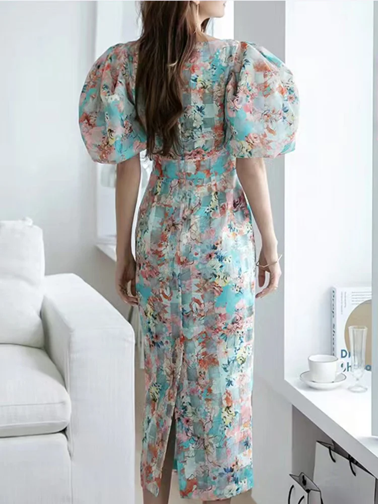 Elegant Party Dress Summer Fashion Organza Watercolor Printing Simple O-Neck Puff Sleeve High Waistline Temperament Dress Women
