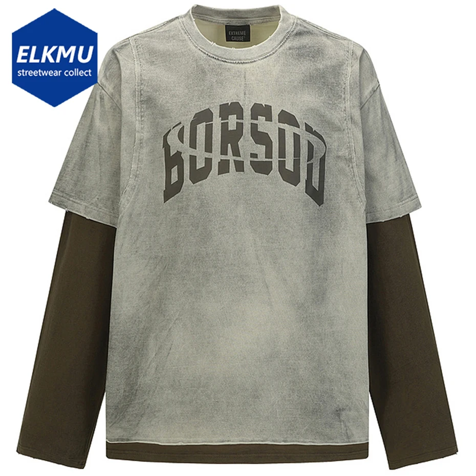

Men Vintage Long Sleeve T-shirts Fake Two Piece Oversized T Shirt Streetwear Harajuku Hip Hop Tshirts Casual Loose Tee Tops