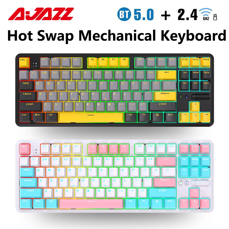 AJAZZ New K870T PRO 87 Keys 3 Mode Bluetooth Gaming Mechanical Keyboard RGB Backlit Wireless Keyboards Hot Swappable Ergonomic