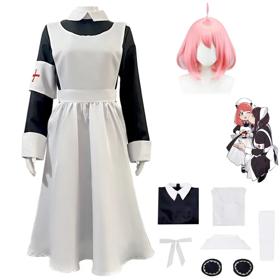 Anime SPY×FAMILY Anya Forger Cosplay Costume Apron Headdress Socks Bowtie Hat Wig Armband Man Woman Adult Kawaii Nurse Uniform