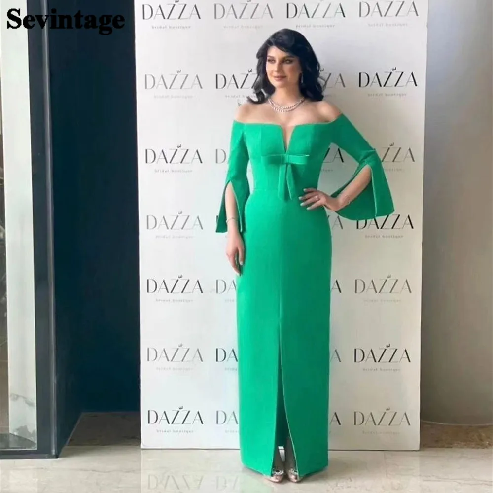 

Sevintage Green Saudi Arabic Prom Gown Mermaid Boat Neck Bow Cap Sleeves Middle Slit Women Gown Outfits فساتين مناسبة رسمية 2023