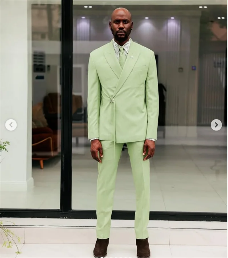 Light Green Men Suits Pants Set 2 Pcs Blazer+Trousers Belted Cotton Wedding Tuxedos Prom Jacket Formal Office Business Coat