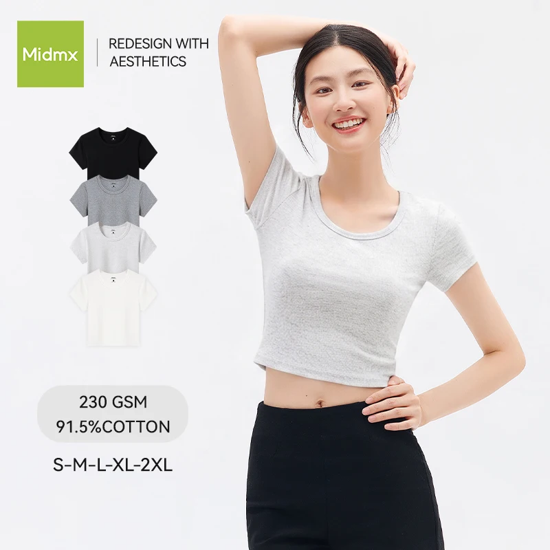 Heavyweight Lycra Cotton Short-Sleeve T-Shirt for Women, Summer Slim-Fit Round-Neck Casual Top, Simple Solid Color T-Shirt