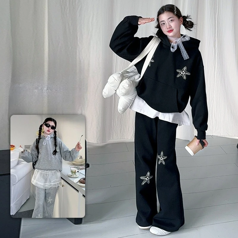 

14 teen girls Korean sport clothes set Hot Diamond Star Hoodie+wide Leg Pants 2pcs junior kids pants suit child tracksuitoutfits