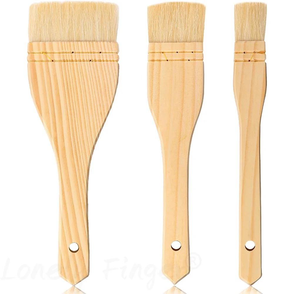 3pcs Flat Hake Brushes Hake Paint Brush Artist Painting Set Sheep Hair Bristles Wash for Watercolor Ceramic Pottery Painting
