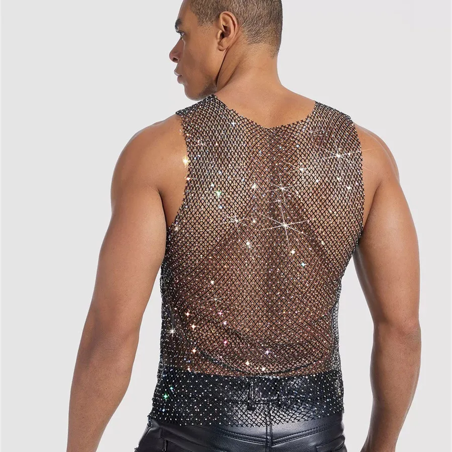 2026 Men's Personalized Vest Hollow Out Knitted Crystal Tank Tops Elastic Slim Fit Tees Men Summer Fashionable Stage T-shirt