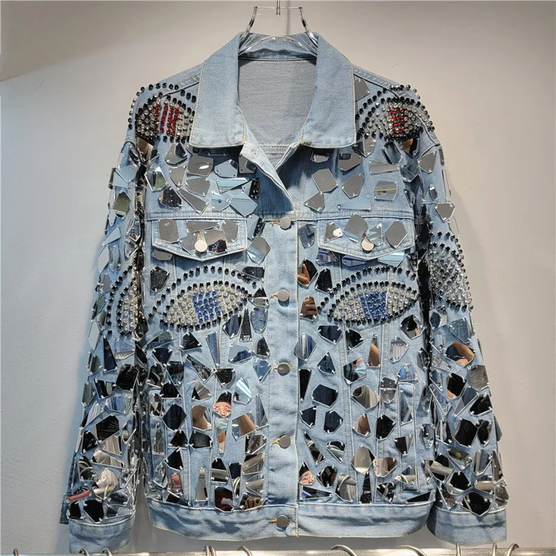 Autumn and Winter New Heavy Industry Sequins Handmade Diamond-encrusted Fashion Jacket Women Loose Retro Denim Jacket