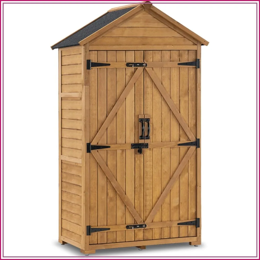 Outdoor Storage Cabinet 2 Shelves, Wooden Garden Tool Shed with Floor and Latch for Yard Deck Lawn