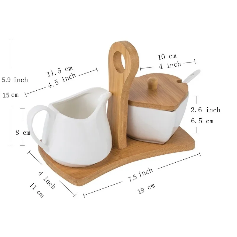 Heart-shaped Pure White Ceramic Sugar Bowl Milk Jug Set with Bamboo Handle Milk Cup Milk Jug PourerPitcher JugPottery Coffee