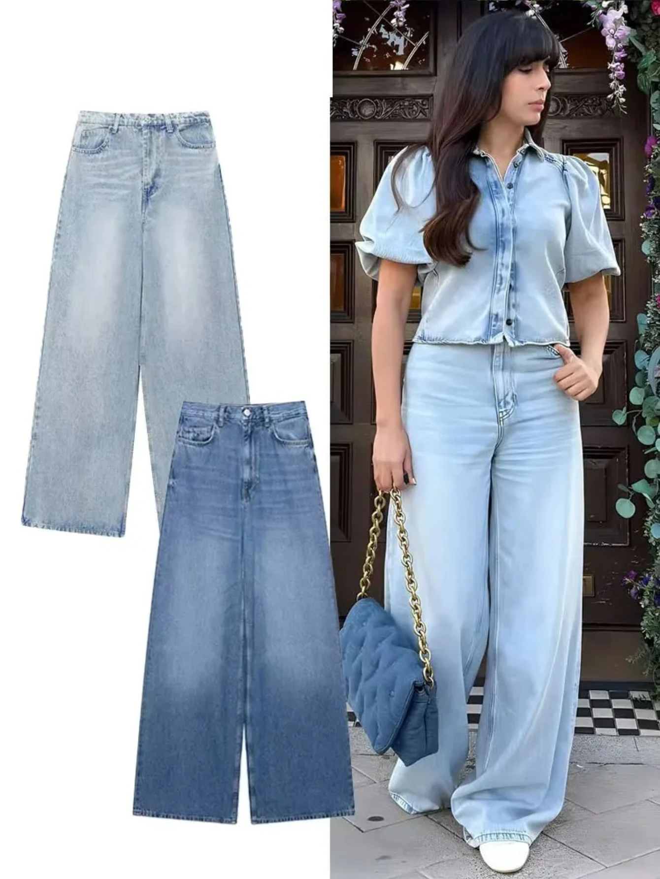 

Женский осенний винтажный джинсовый комплект, рубашка с пышными рукавами и лацканами, топ + широкие прямые джинсы, женский уличный модный однотонный костюм