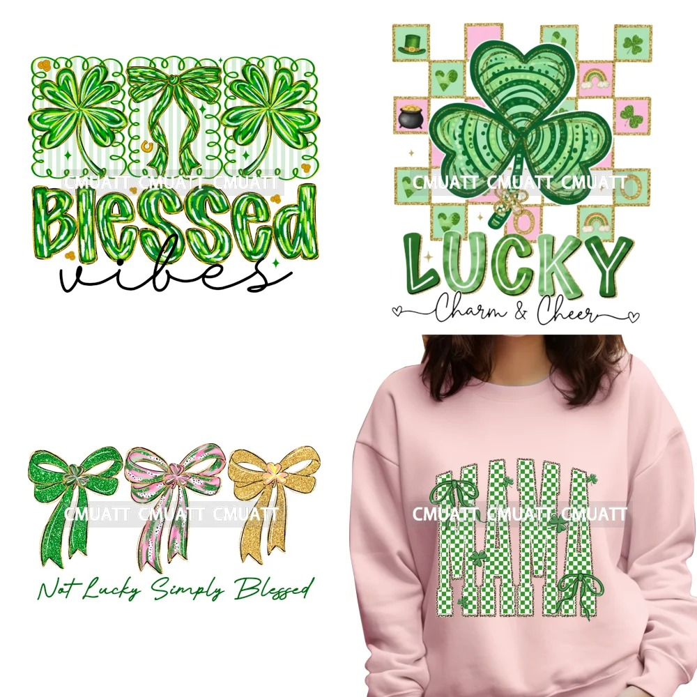 

Термотрансферные наклейки DTF с изображением клевера удачи, посвященные Дню Святого Патрика, в стиле преппи-кокетки, готовые к нанесению на одежду